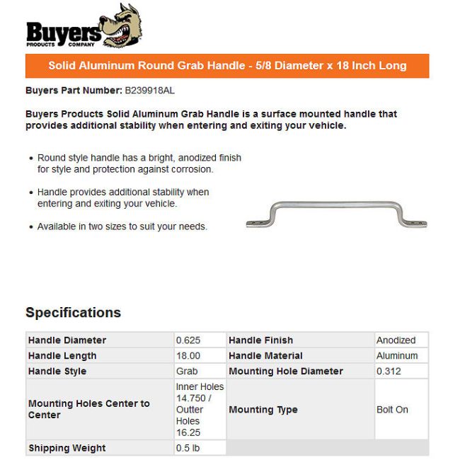 専用出品◇トリプルKリヤホイルハブ武蔵 BUYERS PRODUCTS 18 x 5/8 Tubular Aluminum Grab Handle B239918AL